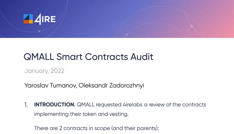 Qmall – token and vesting contracts audit by 4irelabs, January 2022